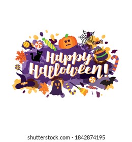 Hand drawn vector illustration with white lettering on textured background Happy Halloween for banner, event, invitation, celebration, advertising, poster, print, sticker, label, template, home decor