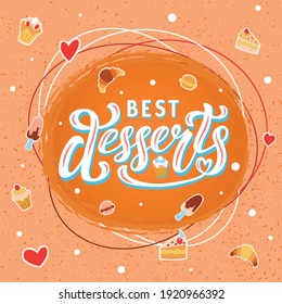 Ilustración vectorial dibujada a mano con la frase "Mejores postres" para carteles, decoración, publicidad o impresión