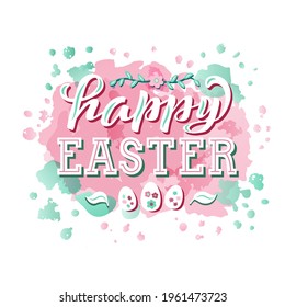 Hand drawn vector illustration with white lettering on textured background Happy Easter for greeting card, invitation, celebration, advertising, poster, card, banner, print, label, decor, template