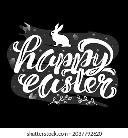 Hand drawn vector illustration with white lettering on textured background Happy Easter for greeting card, invitation, celebration, advertising, poster, card, banner, print, label, decor, template