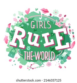 Hand drawn vector illustration with white lettering quote on textured background Girls Rule The World for motivational, inspirational, feminist card, decor, poster, t-shirt, banner, print, template