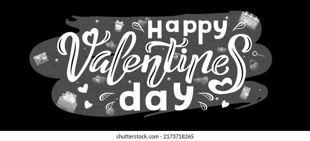Hand drawn vector illustration with white lettering on textured background Happy Valentine’s Day for greeting card, banner, billboard, social media content, advertising, poster, decor, print, template