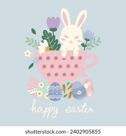 hand drawn vector illustration of white Easter bunny rabbits in a mug with flowers in pastel concept. Cute elements doodle in flat style. For poster, card, scrapbooking, invitation, graphic resource