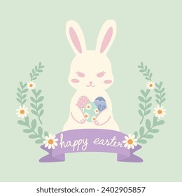 hand drawn vector illustration of white Easter bunny rabbits holding easter eggs wreath in pastel concept. Cute elements doodle in flat style. For poster, card, invitation, graphic resource