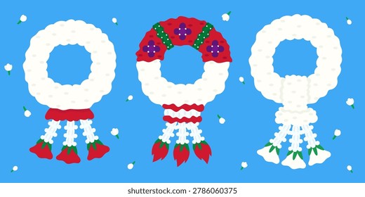 Hand drawn vector illustration of white jasmine garlands and red roses on blue background for Mother's Day. Design for Vector, illustration, Element, Graphic Design, Cartoon, Symbol, Background, Wallpaper, Card.