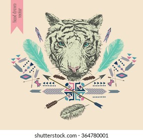 Hand drawn vector illustration with white tiger head in hipster style.