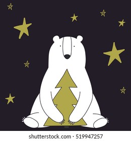 Hand drawn vector Illustration of white bear holding Christmas tree on black background.  Christmas greeting card
