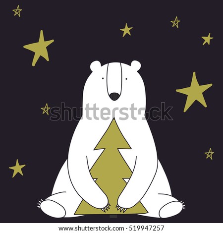 Hand drawn vector Illustration of white bear holding Christmas tree on black background.  Christmas greeting card
