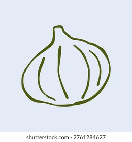 Hand drawn vector illustration of a whole garlic bulb with cloves and root details. Minimalist brown line art icon of a healthy vegetable for farm market branding and cooking menu desig