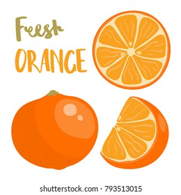 Hand drawn vector illustration of whole and sliced orange fruit with lettering, isolated on white fon.