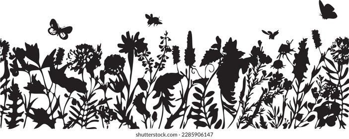 Ilustración vectorial a mano de flores silvestres, hierbas, hierbas, insectos. Silueta delgada de plantas