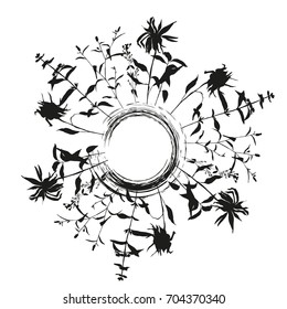 Hand drawn vector illustration of wild flowers, herbs and grasses.Thin delicate lines silhouettes of different plants.