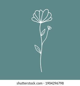 Hand drawn vector illustration of wildflower with white outline on turquoise background. Logo design element for summer spring Easter concept