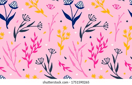 Hand drawn vector illustration of wildflowers. Seamless pattern with doodle floral elements. Spring and summer symbol. Contour otline drawing of simple black twig