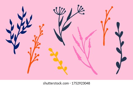 Hand drawn vector illustration of wildflowers. Collection of doodle floral elements. Spring and summer symbol. Contour otline drawing of simple black twig