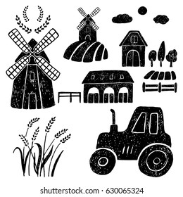 Hand drawn vector illustration windmill, wheat, farm house,tractor.