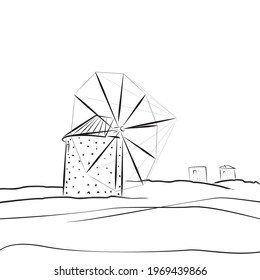 hand drawn vector illustration of windmills, Bodrum, Turkey.