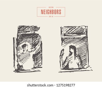 Hand drawn vector illustration of windows of an apartment building with two people, greeting each other, neighbors concept, sketch