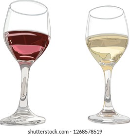 Hand drawn vector illustration. Wine glasses reflecting light and shadow. Red and White.
