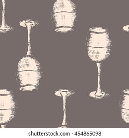 Hand drawn vector illustration, wineglass seamless pattern on gray background, vintage pattern, textile, wallpaper