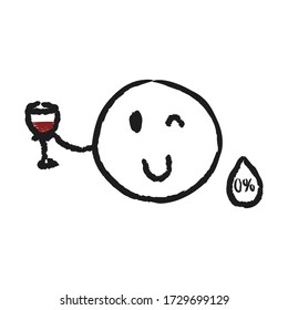 Hand drawn vector illustration with winky smile emoji holding non alcoholic red wine. free hand Illustration isolated on white background. 0% alcohol 