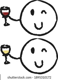 Ilustración vectorial dibujada a mano con emoji sonriente winky sosteniendo una copa de vino tinto y blanco. Ilustración de mano libre aislada en fondo blanco. Estilo Doodle 