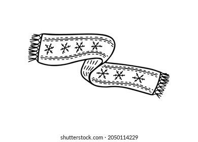 Dibujo manual de ilustraciones vectoriales de la bufanda de invierno. Diseño de contorno blanco y negro aislado para logotipo, icono, pancarta, pegatina.