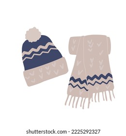 Hand drawn vector illustration winter clothing hat and scarf.