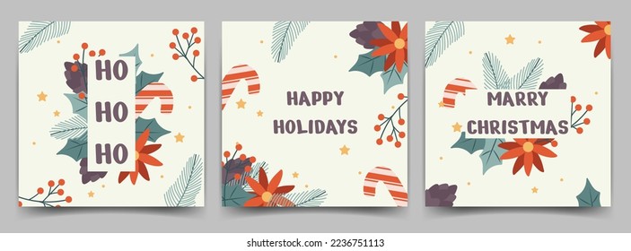 Hand drawn vector illustration. Winter Holiday greeting cards. Universal Christmas templates with decorative Christmas Tree, floral background.