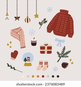 ilustración vectorial hecha a mano del paquete de etiquetas de vibración de vacaciones de invierno. Colección de doodles de elementos pequeños para póster de invierno, tarjeta, scrapbooking , etiqueta, invitación, cabecero