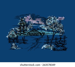 Hand drawn vector illustration, with a winter landscape, the wood and a rural lodge on a water color background