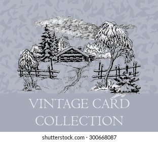Hand drawn vector illustration, with a winter landscape, the wood and a rural lodge