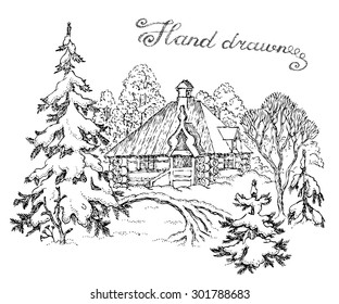 Hand drawn vector illustration, with a winter landscape, the wood and a rural lodge