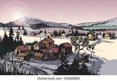 Hand Drawn Vector Illustration, with a Winter Landscape, the Trees and a Rural Lodge , hand-drawn . Illustration for your application , project.