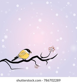  hand drawn vector illustration, winter card. Titmouse sits on a bare branch with rowan berries