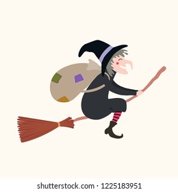 Hand drawn vector illustration of a witch with sack flying on broomstick. Isolated objects on white background. Flat style design. Italy Christmas tradition. Concept, element for Epiphany card, banner