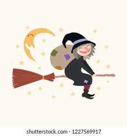 Hand drawn vector illustration of a witch with sack flying on broomstick. Isolated objects on white background. Flat style design. Italy Christmas tradition. Concept, element for Epiphany card, banner