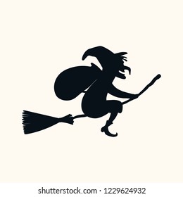 Hand drawn vector illustration of a witch with sack flying on broomstick. Isolated objects on white background. Silhouette drawing. Italian Christmas. Design concept, element for Epiphany card, banner