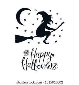 Hand drawn vector illustration of a witch on a broomstick in the night sky, with lettering quote Happy Halloween. Isolated objects on white background. Flat style design. Concept, element card, banner