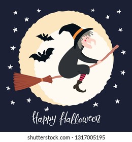 Hand drawn vector illustration of a witch flying on a broomstick in the night sky with bats, moon, lettering quote Happy Halloween. Flat style design. Concept, element for card, banner, kids print.