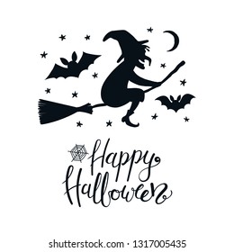 Hand drawn vector illustration of a witch on a broomstick in the night sky, with lettering quote Happy Halloween. Isolated objects on white background. Flat style design. Concept, element card, banner