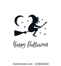 Hand drawn vector illustration of a witch on a broomstick in the night sky, with lettering quote Happy Halloween. Isolated objects on white background. Flat style design. Concept, element card, banner