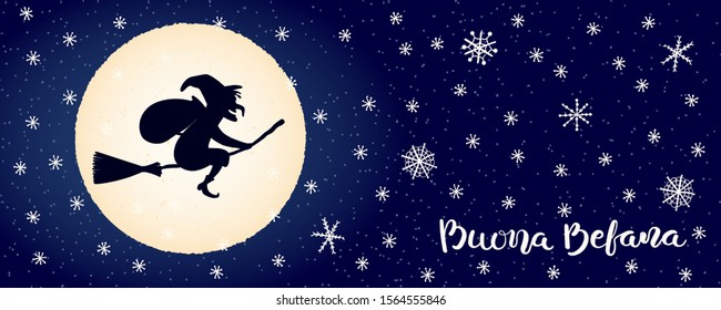 Hand drawn vector illustration with witch Befana flying on broomstick, moon, snowflakes, Italian text Buona Befana, Happy Epiphany. Flat style design. Concept for holiday card, poster, banner.