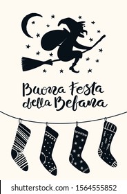 Hand drawn vector illustration with witch Befana flying on broomstick, stockings, Italian text Buona Festa della Befana, Happy Epiphany. Flat style design. Concept for holiday card, poster, banner.