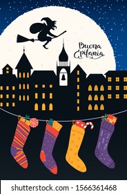 Hand drawn vector illustration with witch Befana flying on broomstick over city, stockings, Italian text Buona Epifania, Happy Epiphany. Flat style design. Concept for holiday card, poster, banner.