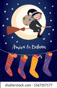 Hand drawn vector illustration with witch Befana flying on broomstick, stockings, Italian text Arriva la Befana, Befana arrives. Flat style design. Concept for Epiphany holiday card, poster, banner.