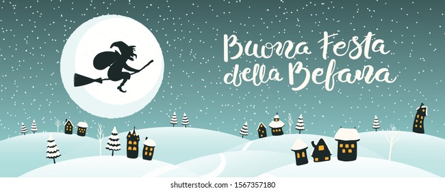 Hand drawn vector illustration with witch Befana flying on broomstick over country landscape, Italian text Buona Festa della Befana, Happy Epiphany. Flat style design. Concept for card, poster, banner