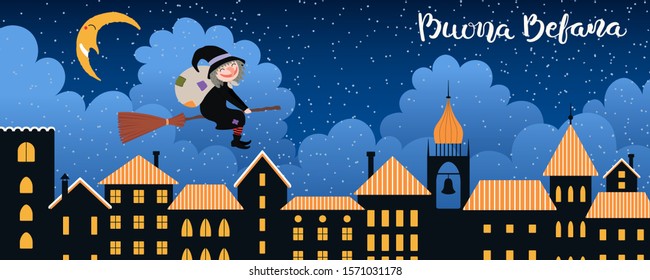 Hand drawn vector illustration with witch Befana with sack flying on broomstick over city, Italian text Buona Befana, Happy Epiphany. Flat style design. Concept for holiday card, poster, banner.