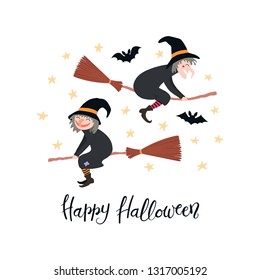 Hand drawn vector illustration of witches on broomsticks in the night sky, with lettering quote Happy Halloween. Isolated objects on white background. Flat style design. Concept, element card, banner.