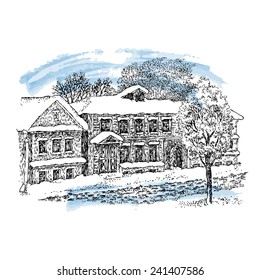Hand drawn vector illustration with, city landscape, winter, at home, tree, snow